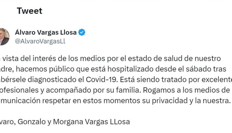 Escritor Mario Vargas Llosa está hospitalizado con COVID-19 en Madrid