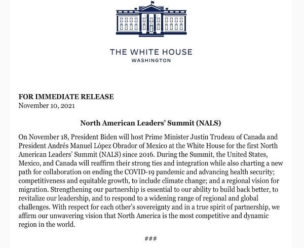 Cumbre de Líderes de América del Norte será el 18-N en Washington