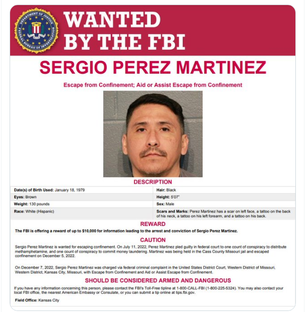 FBI de Kansas City sigue en la búsqueda del peligroso fugitivo Sergio Pérez Martínez