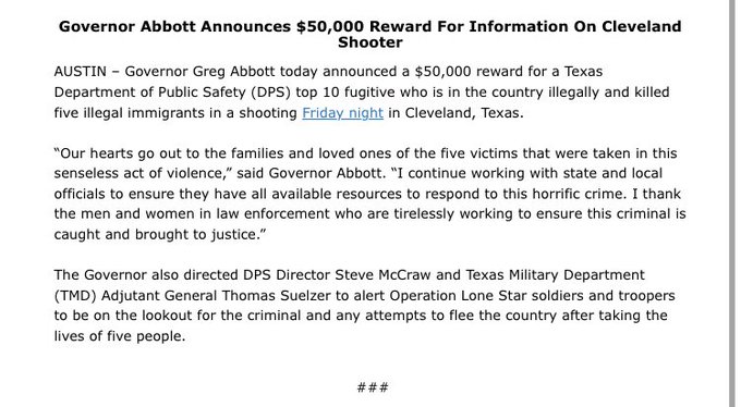 Gobernador de Texas ofrece recompensa de $50.000 por criminal que mató a 5 migrantes