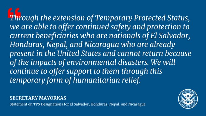 Gobierno de EEUU extiende TPS para migrantes de El Salvador, Honduras, Nicaragua y Nepal