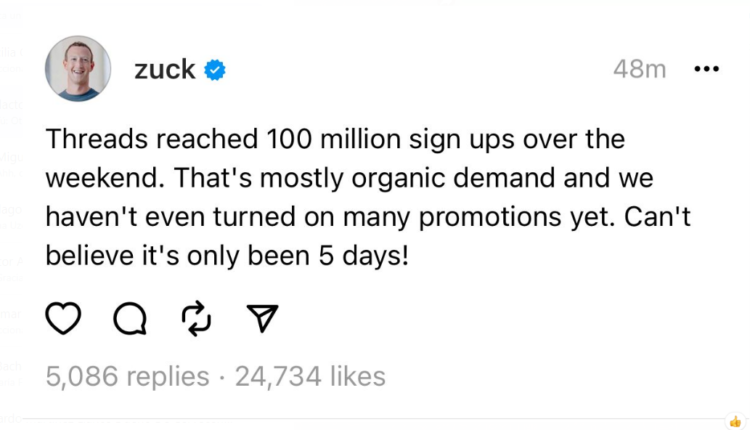 Nueva red social Threads supera los 100 millones de usuarios en cinco días