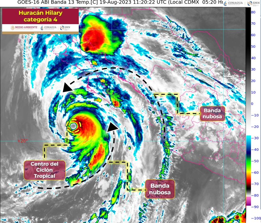 Huracán Hilary mantiene categoría 4 y avanza hacia la península de Baja California