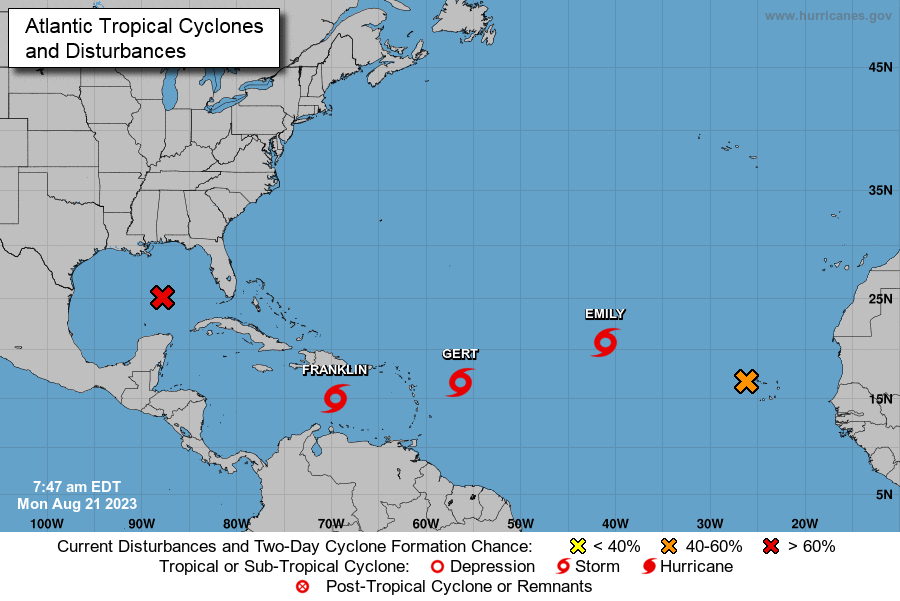 Ciclo de huracanes se activa en el Atlántico con las tormentas tropicales Franklin, Gert y Emily