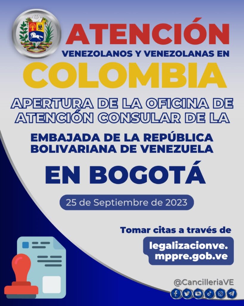 Consulado de Venezuela en Colombia atenderá citas de Apostilla a partir del 25 de septiembre
