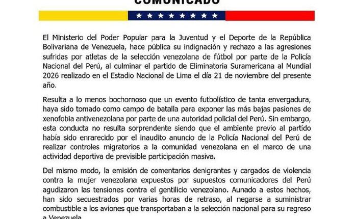 Venezuela denuncia que Perú impidió recarga de combustible al avión de la Vinotinto para su retorno al país