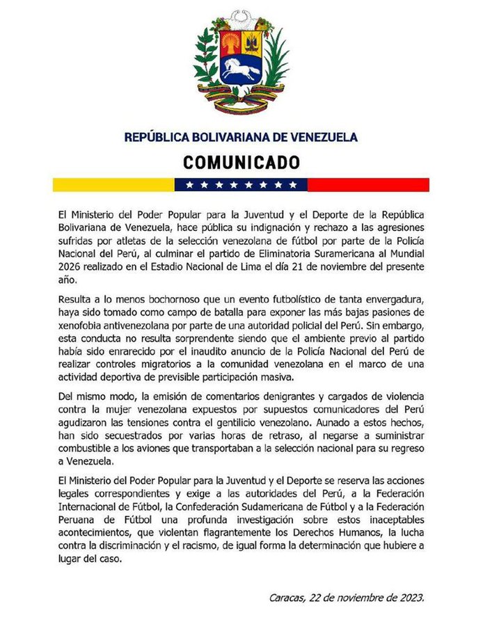 Venezuela denuncia que Perú impidió recarga de combustible al avión de la Vinotinto para su retorno al país