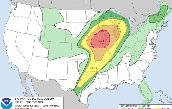 Alertan sobre riesgo de tormentas eléctricas severas en partes del medio oeste de EEUU